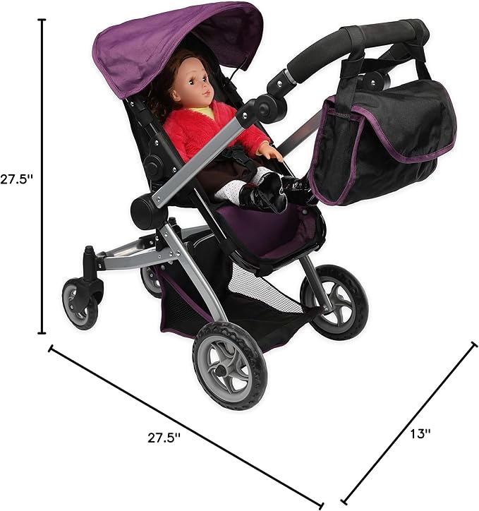 Mommy & Me Babyboo Foldable Doll Stroller with Swiveling Wheels, Doll Pram with Basket, Convertible Seat, Adjustable Handle and Free Carriage Bag - Purple Black