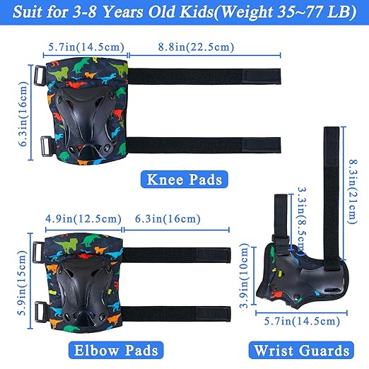 FIODAY Knee Pads for Kids Dinosaur Knee Elbow Pads Wrist Guards with Drawstring Bag Adjustable 7 in 1 Protective Gear Set for Boys Inline Skating Bike Cycling Skateboard Scooter, 3-8 Years, Black