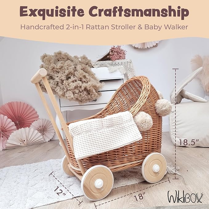 Artisanal Handwoven Rattan Doll Stroller & Pram - European Made for 17 inch Baby Dolls | Includes Mattress, Pillow & Blanket | Perfect for Imaginative Play, Role Play & Room Décor