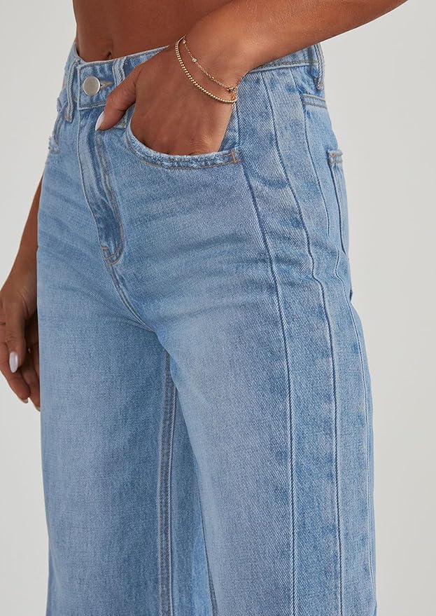 PRETTYGARDEN Wide Leg Jeans for Women Trendy 2025 High Waisted Stretchy Baggy Raw Hem Denim Palazzo Pants with Pockets