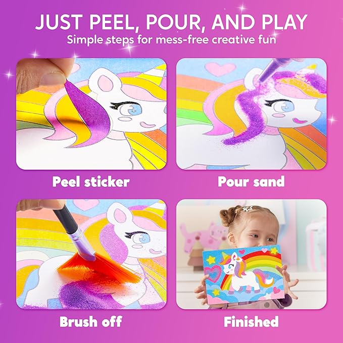 Klever Kits Glow Sand Art Kits for Kids, Glow in The Dark Sand Painting with 14 Colors, Kids Crafts, 6 Fantasy Templates & 4 DIY Sheets, Mess Free Arts and Crafts, Unicorn Gifts for Girls Ages 5+