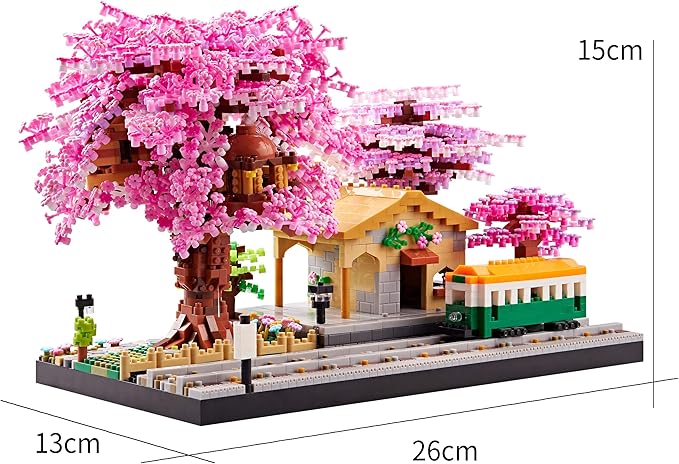 Architecture, Japanese Sakura Tree Class Train Station Cherry Blossom Tree Building Block Model Kit 3668 PCS for Adults and Kids, Classical Building Micro Blocks Set,Mini DIY Assembly Toy