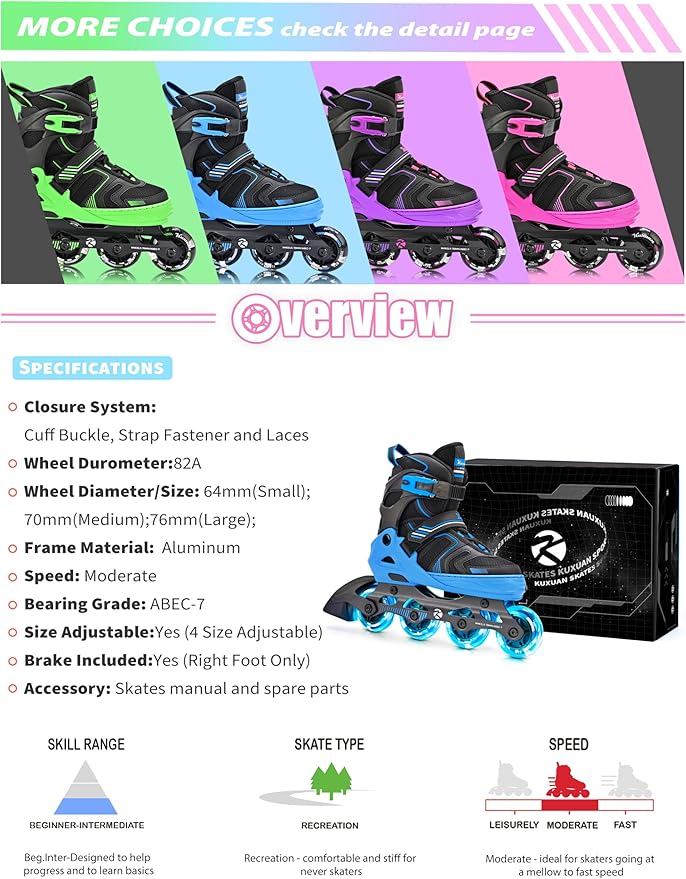 Kuxuan Skates Adjustable Inline Skates for Boys Girls, Kids Roller Skates Ages 4-12 with Light Up Wheels, Teen Skates for Beginner Women