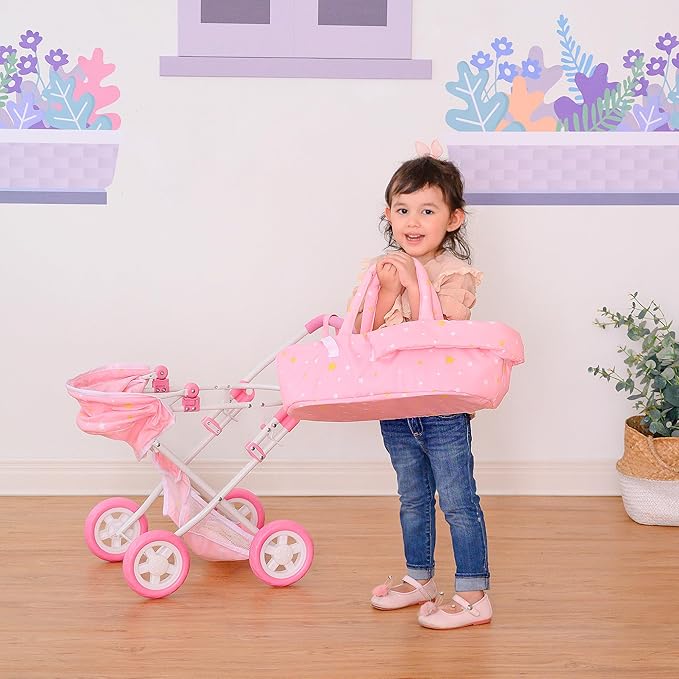 Olivia's Little World - Play Baby Doll Bassinet Stroller, Baby Doll Pram Stroller Buggy for 3 4 5 Year Old Girls, Toy Stroller for Toddlers 1-3, Twinkle Stars Princess Deluxe Toy Stroller - Pink/White