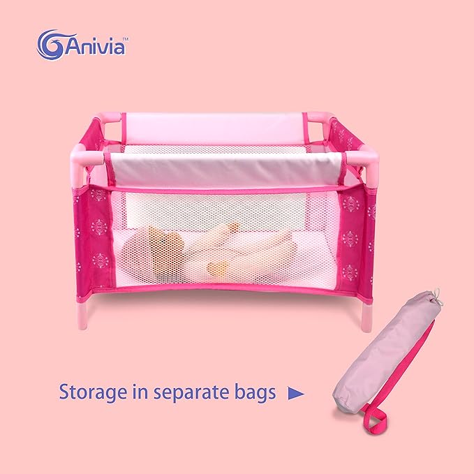 ANIVIA Baby Doll Stroller Set - Includes Stroller, Crib, Play Mat, Feeding Toy, Diaper Bag - Nursery Role Play Set (11" Doll Included)