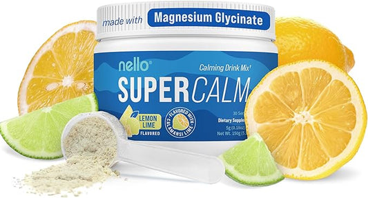 Nello Supercalm Powdered Drink Mix, Lemon Lime, L Theanine, Ksm-66 Ashwagandha, Magnesium Glycinate, Vitamin D 3, Supplements for Relaxation & Focus, Natural, No Sugar, Non GMO, 30 Srvgs