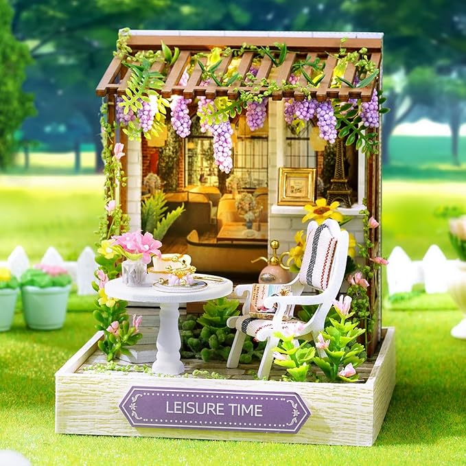TuKIIE DIY Miniature Dollhouse Kit with Furniture, 1:24 Scale Creative Room Mini Wooden Doll House Plus Dust Proof for Kids Teens Adults(Leisure Time)