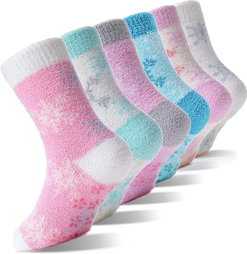 EBMORE Girls Kids Toddler Fuzzy Socks with Grips Non Slip Slipper Socks Crew Cabin Cozy Fluffy Warm Winter Socks 6 Pairs