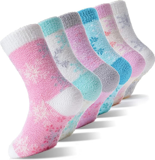 EBMORE Girls Kids Toddler Fuzzy Socks with Grips Non Slip Slipper Socks Crew Cabin Cozy Fluffy Warm Winter Socks 6 Pairs