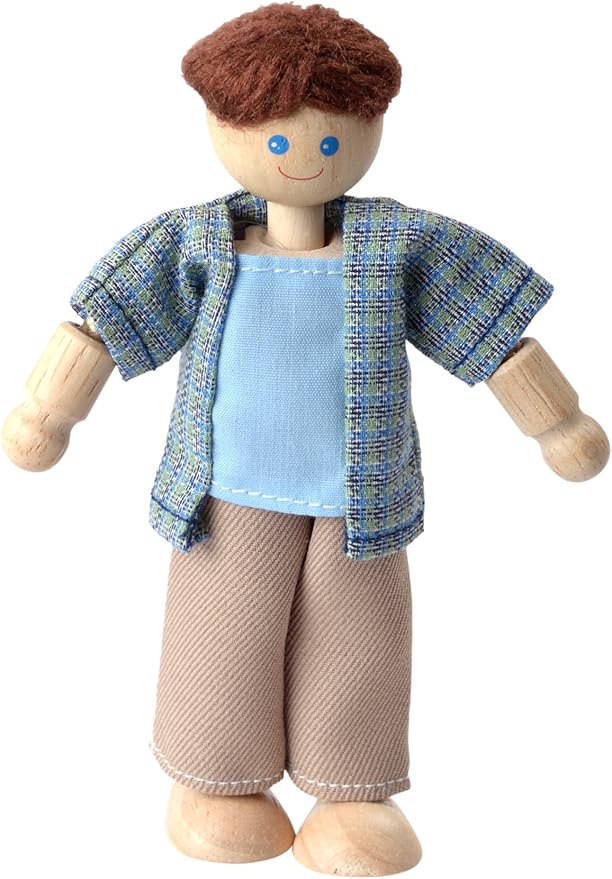 PlanToys® Wooden Dad Dollhouse Figure – Light Skin Tone | Poseable 1:12 Scale Dollhouse People | Montessori Pretend Play Doll with Bendable Arms & Legs | Eco-Friendly Wooden Figurine for Kids