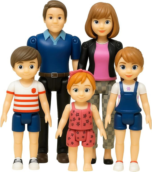 TOMLEON Family Dollhouse People - Doll House People Figures - 5 Poseable Action Figures Incl. Mom, Dad, Sister, Brother, Toddler - Small Dolls for Dollhouse - Dollhouse Dolls (Family)