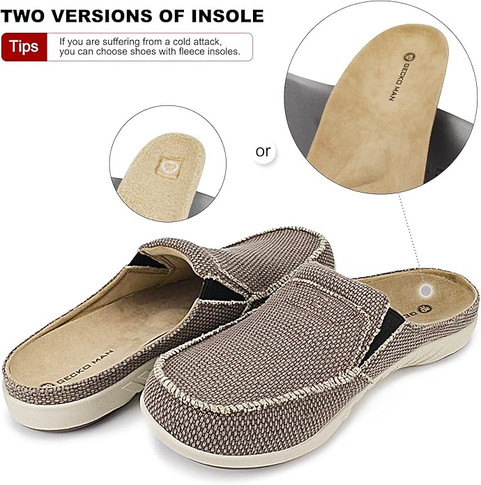 Mens Slippers with Arch Support, Canvas House Slipper for Men with Velvet Lining, Slip On Clog, Indoor Outdoor House Shoes with Anti-Skid Rubber Sole