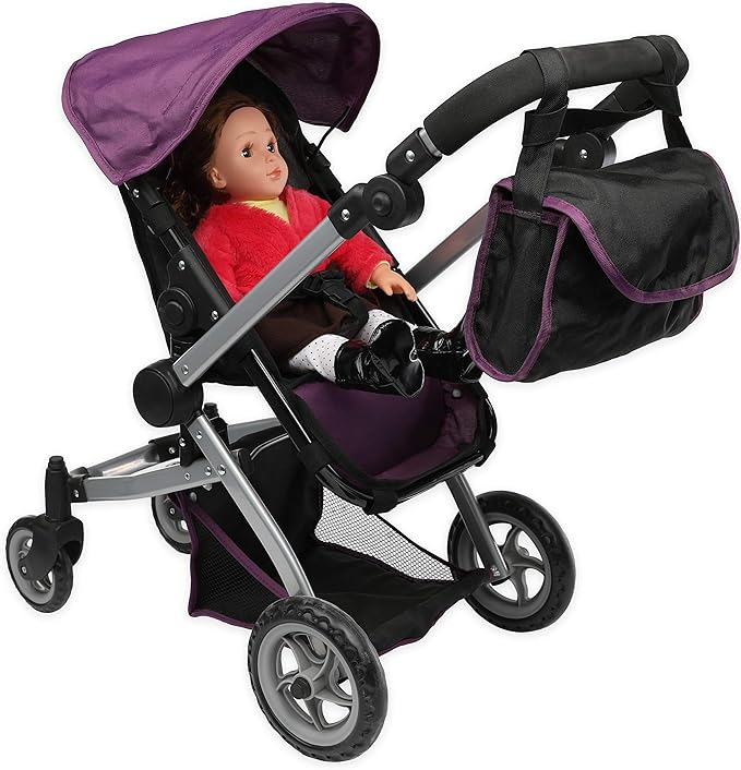 Mommy & Me Babyboo Foldable Doll Stroller with Swiveling Wheels, Doll Pram with Basket, Convertible Seat, Adjustable Handle and Free Carriage Bag - Purple Black