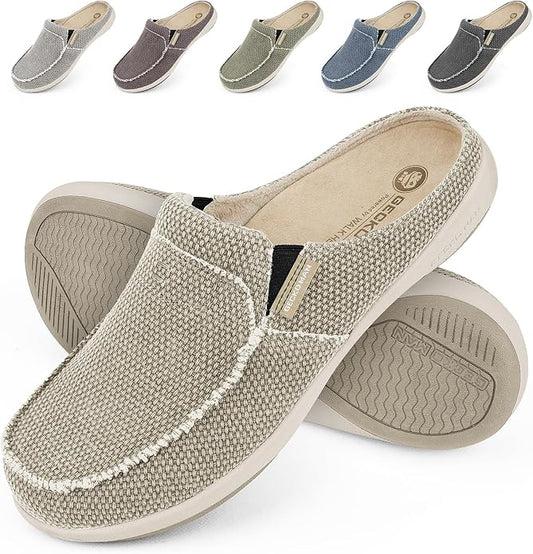 Mens Slippers with Arch Support, Canvas House Slipper for Men with Velvet Lining, Slip On Clog, Indoor Outdoor House Shoes with Anti-Skid Rubber Sole