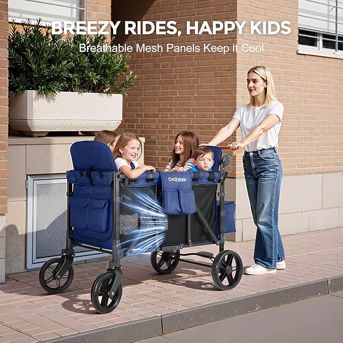 Elite 4-Seater Wagon Stroller for 2-4 Kids, One-Hand Fold, High Seats with 5 Point Harness, Adjustable Handle & Canopy, Blue