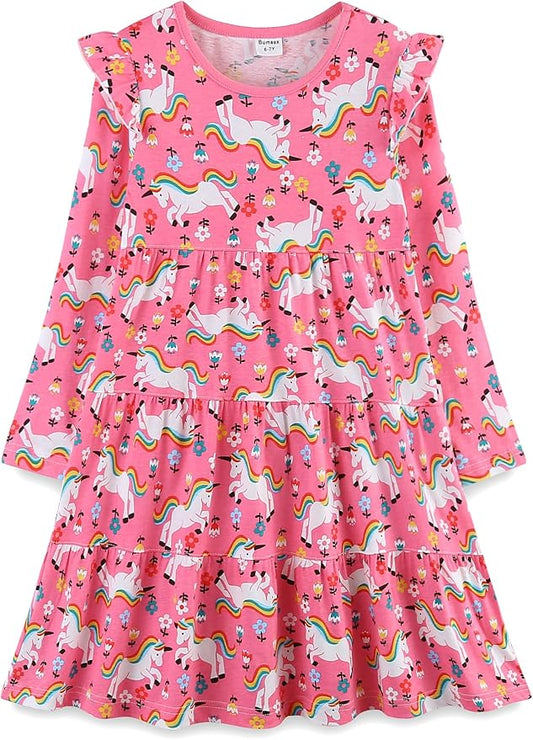 Bumeex Girl's Dresses Cotton Ruffle Sleeve Tiered Swing A-Line Cute Midi Casual Sundress