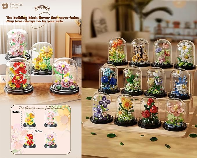 Fantasy Pink Flowers Home Bouquets Dust Cover Set Building Toy Creative Assembly Bonsai Tree, Ideal for Valentine's Anniversaries Birthday