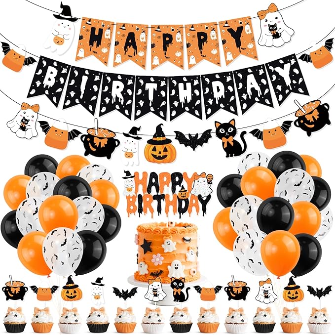 Orange Black Halloween Happy Birthday Decor Cute Ghost Banner Cake Topper Balloons for Halloween Theme Birthday Party The Spooky One Little Boo Happy Boo Day Party Supplies