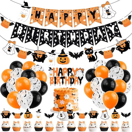 Orange Black Halloween Happy Birthday Decor Cute Ghost Banner Cake Topper Balloons for Halloween Theme Birthday Party The Spooky One Little Boo Happy Boo Day Party Supplies