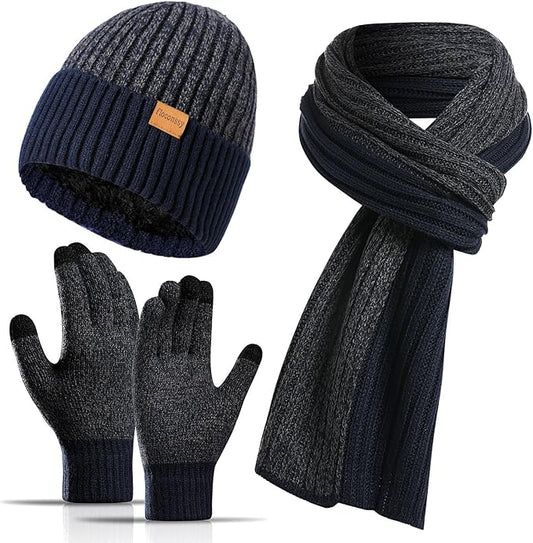 Men's Winter Hat Scarf Gloves Set, 3 PCS Warm Beanie Long Scarf Fleece Lined Touchscreen Gloves for Cold Weather