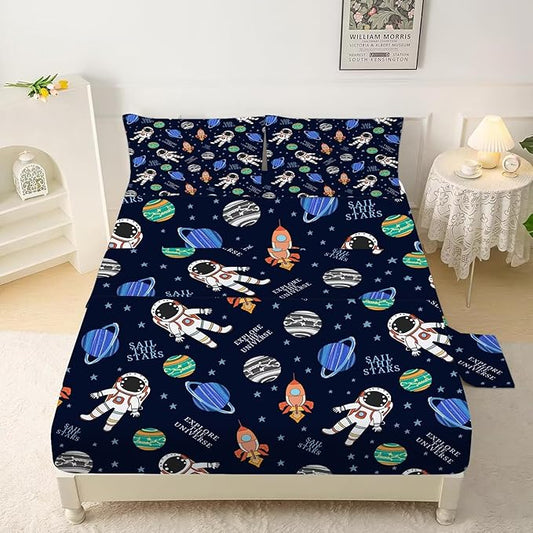 Navy Blue Space Sheets Set Twin for Boys Bedroom Kids Cartoon Space Rocket Planets Bedding Set with 1 Fitted Sheet, 1 Flat Sheet and 2 Pillowcases