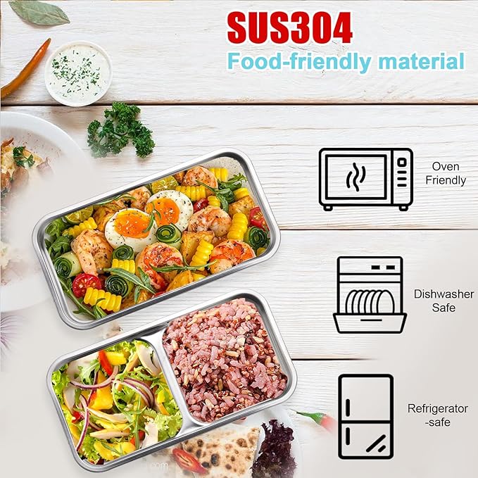 4 PCS 304 Stainless Steel Bento Box, 1pc Single and 3pcs Double compartment Snack Containers, Grab and Go Snack Containers, Food Storage Containers with Blue Lids for Travel and Outdoor Camping