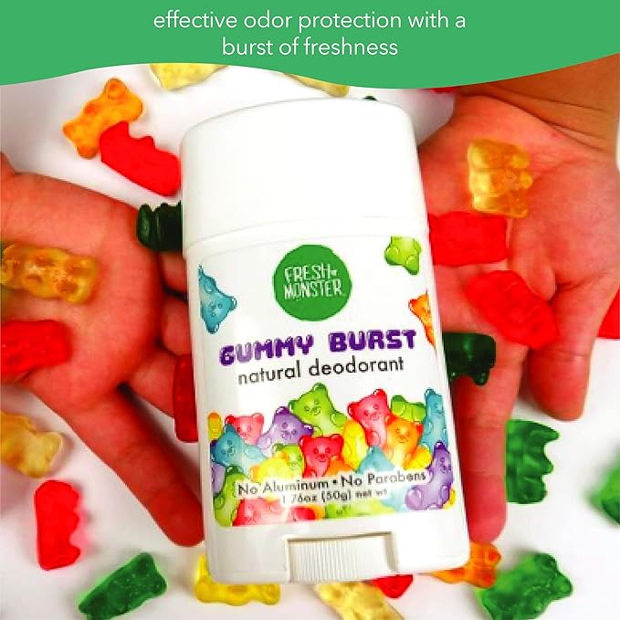 Fresh Monster Natural Deodorant for Kids & Teens I Mom's Choice Gold Award Winner | Aluminum-Free, Paraben-Free, Hypoallergenic I 24-Hour Protection I Gummy Burst Scent I 1.76 oz (3) (Pack of 4)
