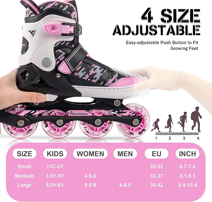 Adjustable Inline Skates for Kids and Teens, Boys Girls Women Beginner Fun Illuminating Skates Outdoor and Indoor