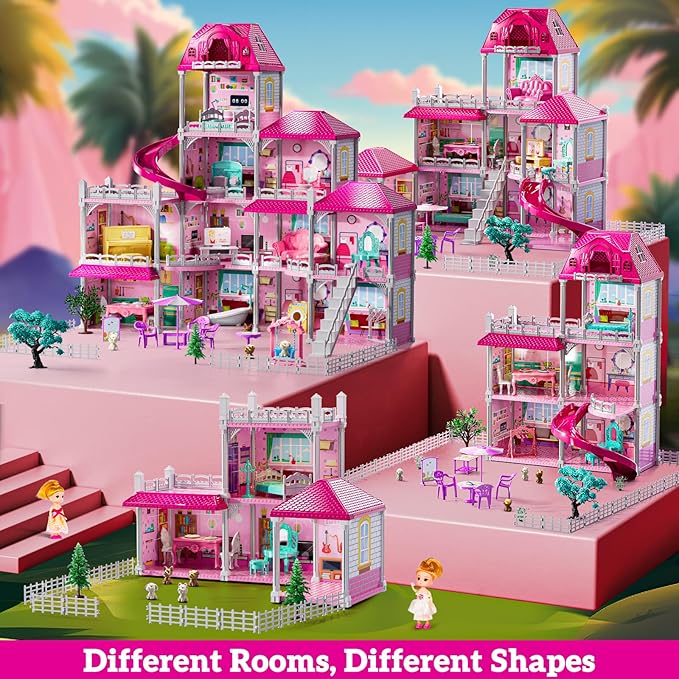 Villa Playset for Girls Ages 3-7, Indoor Playset Girls Toys for Ages 6-8 with 4 Storeys 11 Rooms 2 Dolls, Furniture and Accessories, Pretend Toddler Toy, Birthday Gifts for Kids 3 4 5 6 7 8