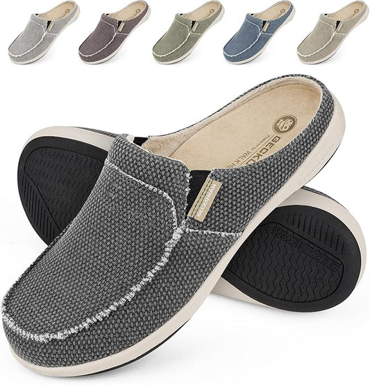 Mens Slippers with Arch Support, Canvas House Slipper for Men with Velvet Lining, Slip On Clog, Indoor Outdoor House Shoes with Anti-Skid Rubber Sole