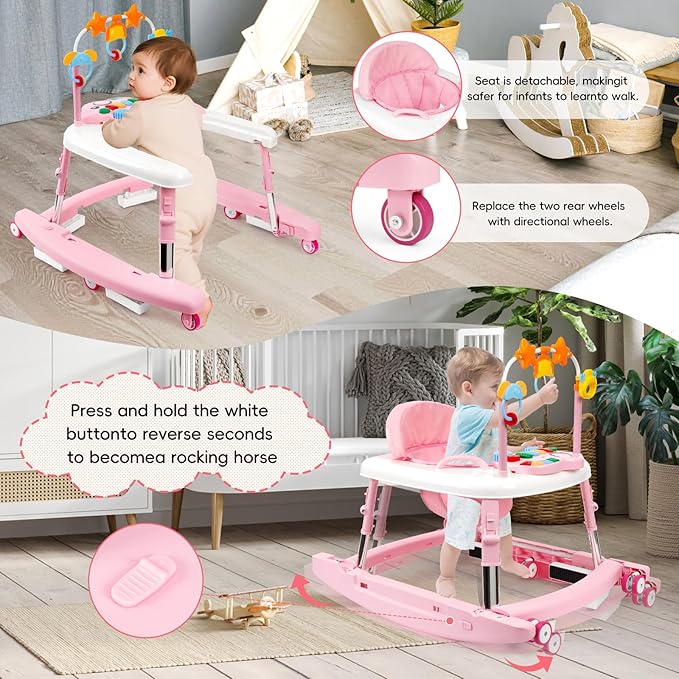 5-in-1 Music and Lights Baby Walker Foldable with 5 Adjustable Heights, Baby Walker with Wheels and Bouncer Combo Portable, Infant Toddler Walker for Baby Boy Girls 6-18 Months