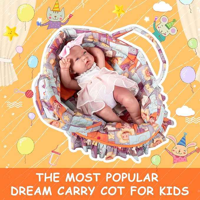 Doll Carry Cot Set Doll Carrier Soft Basket Bassinet, Includes 1 Cot and 1 Pillow, Orange Cartoon Doll Bassinet, Fits for 16 Inch 18 Inch American Girl Dolls