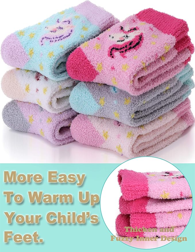 EBMORE Girls Kids Toddler Fuzzy Socks with Grips Non Slip Slipper Socks Crew Cabin Cozy Fluffy Warm Winter Socks 6 Pairs