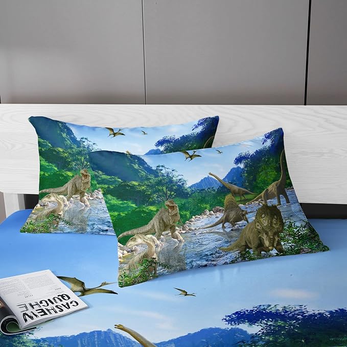 Kids Queen Dinosaur Fitted Sheet Set, 3pc (Fitted Sheet + 2 Pillowcases), Soft Microfiber, Dinosaur Bedding Decoration