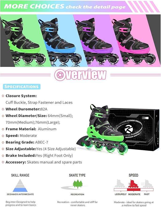 Kuxuan Skates Adjustable Inline Skates for Boys Girls, Kids Roller Skates Ages 4-12 with Light Up Wheels, Teen Skates for Beginner Women