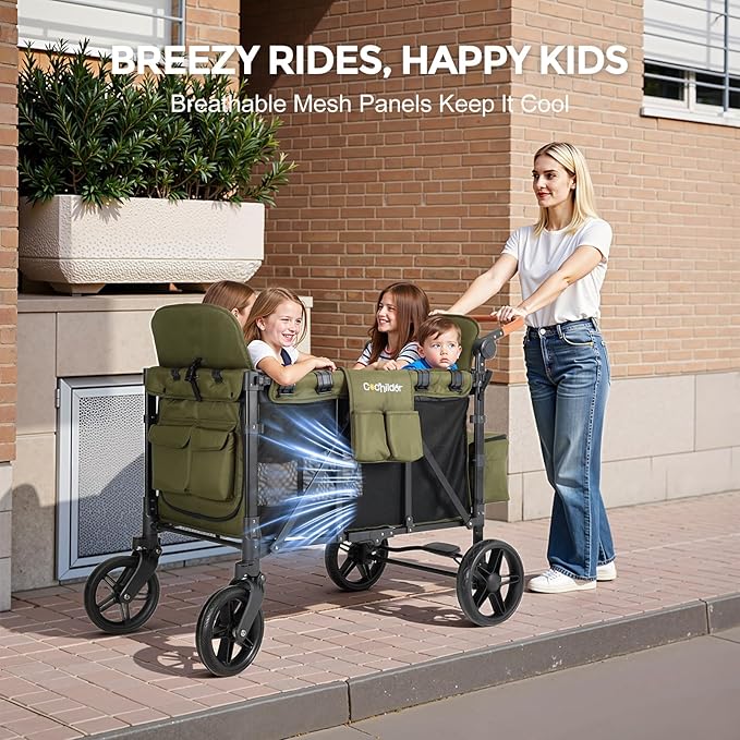 Elite 4-Seater Wagon Stroller for 2-4 Kids, One-Hand Fold, High Seats with 5 Point Harness, Adjustable Handle & Canopy, Green