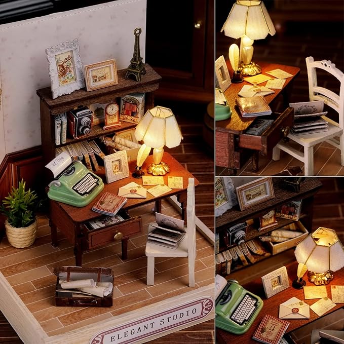 TuKIIE DIY Miniature Dollhouse Kit with Furniture, 1:24 Scale Creative Room Mini Wooden Doll House Plus Dust Proof for Kids Teens Adults(Elegant Studio)