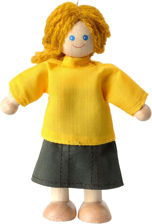 PlanToys® Wooden Mom Dollhouse Figurine – Light Skin Tone | Poseable Doll with Bendable Rope Arms & Legs | Montessori Pretend Play Doll House People for Kids (1:12 Scale)