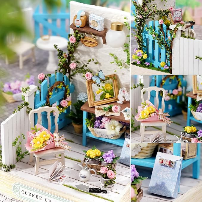 TuKIIE DIY Miniature Dollhouse Kit with Furniture, 1:24 Scale Creative Room Mini Wooden Doll House Plus Dust Proof for Kids Teens Adults(Corner of Garden)