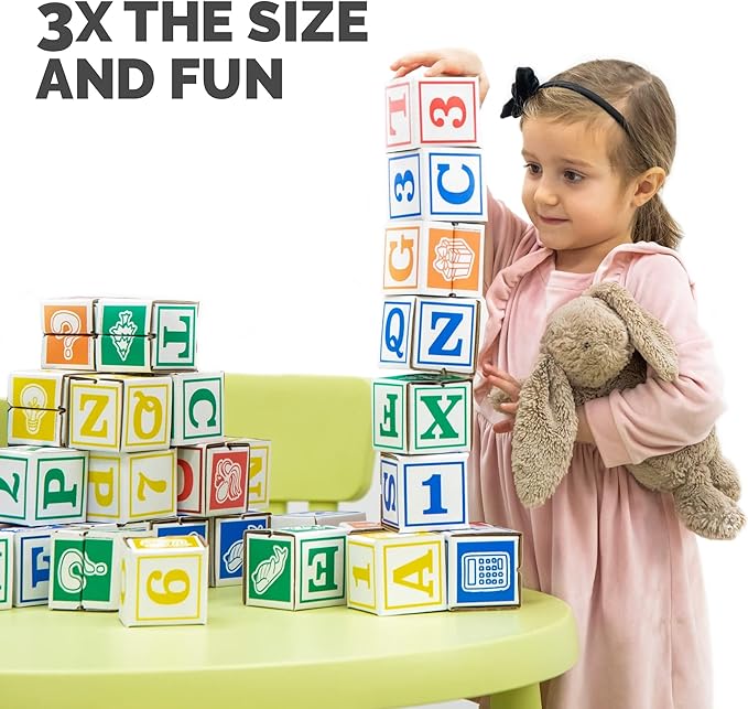 Bankers Box at Play Cardboard ABC/123 Building Learning Blocks, 50 Pack, Larger 3"x 3" Montessori Toy Blocks for Kids and Families