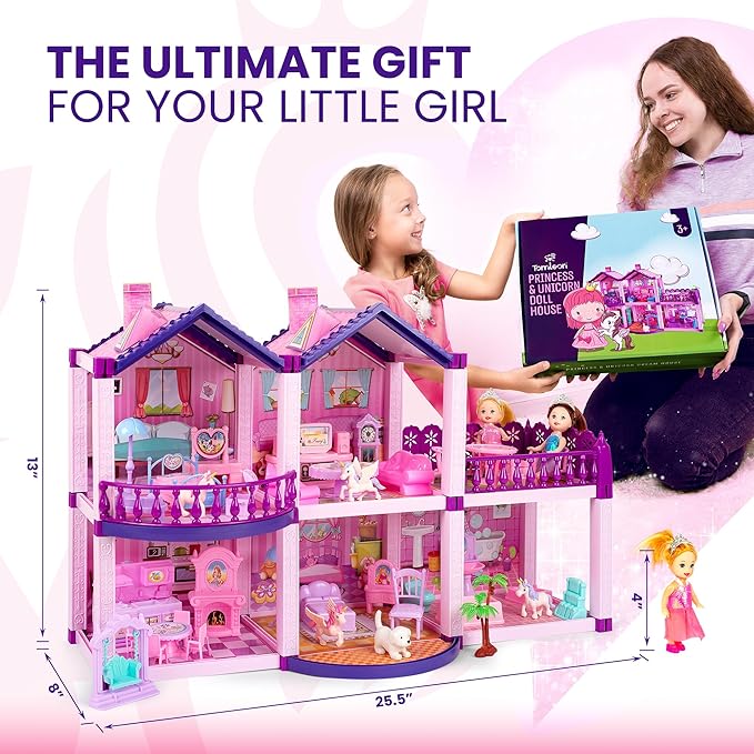 Dollhouse with 2 Princesses, 4 Unicorns, Dog, Furniture and Accessories - Pink and Purple Dream Doll House Toy for Little Girls - 5 Rooms w/Garden, Furniture and Accessories, Gift for Girls Ages 2-8