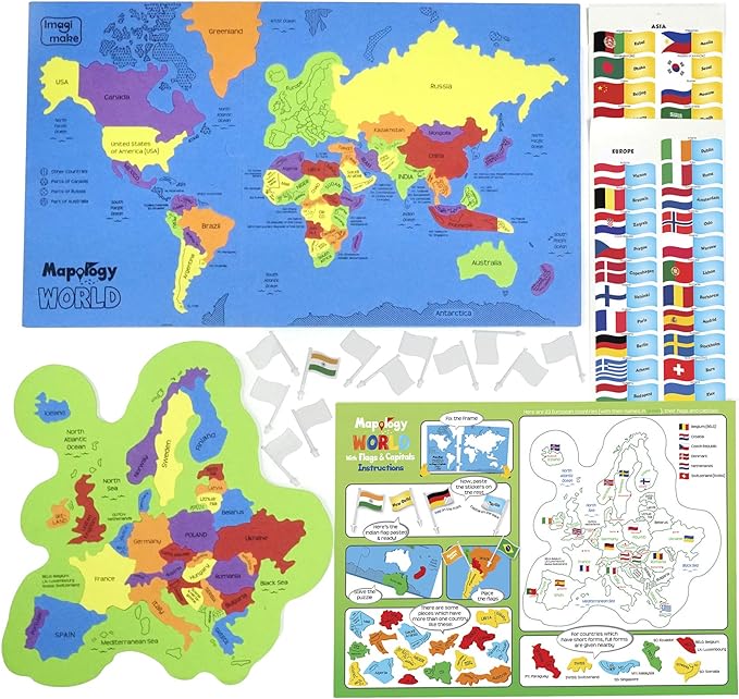 Imagimake Mapology USA & World Map Puzzle with Flags, Capitals, Stickers | Educational Toys for Ages 5-7 | Jigsaw Puzzles for Kids Ages 8-10 | Geography Toys for Ages 8-13 | 6 Year Old Boy/Girl Gifts