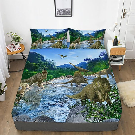 Dinosaurs Fitted Sheet Kids Full Size Bed Sheets, 3D Realistic Dinosaur Full Size Sheets for Boys Dinosaur Bed Sheet Kids Soft Microfiber Bedding Sheets Set Dinosaur Bedding Decoration