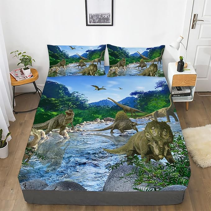 Kids Queen Dinosaur Fitted Sheet Set, 3pc (Fitted Sheet + 2 Pillowcases), Soft Microfiber, Dinosaur Bedding Decoration