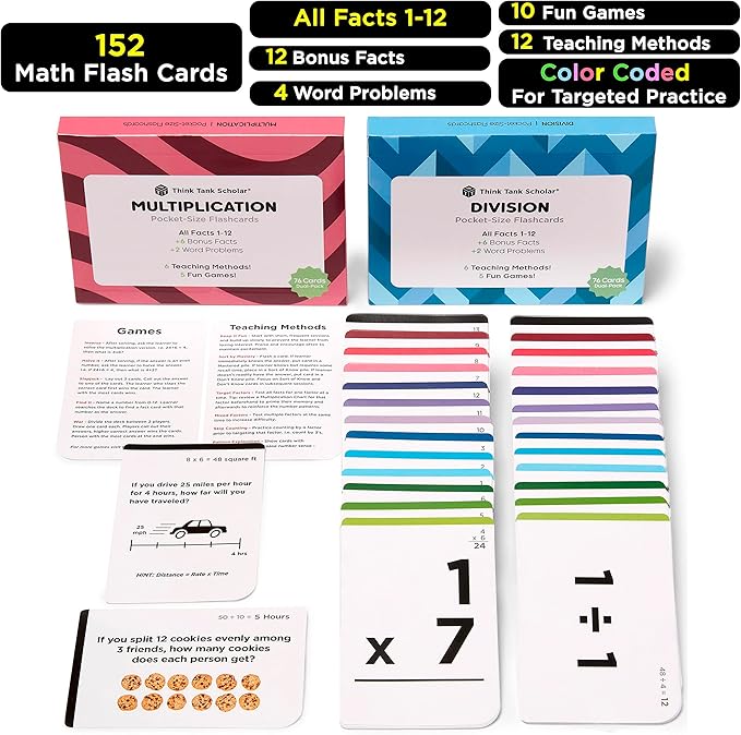 Award-Winning Math Flash Cards – 152 Multiplication & Division Facts (1–12) – 2 Facts Per Card with Visual Aids – Bonus Word Problems, Games & Durable Cardstock – Grades 2–6