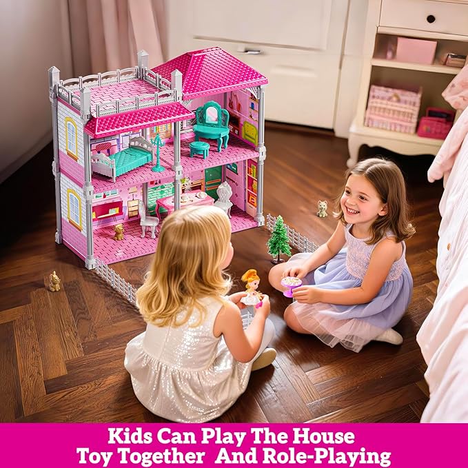 Pink Villa Playset for Girls Ages 3-7, 2-Story 4 Room House with 2 Dolls, Furniture and Accessories, Indoor Playset Girls Toys for Ages 6-8, Pretend Toddler Toy, Birthday Gifts for Kids 4-8