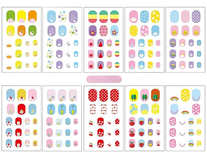 Kids Nail Stickers Full Nail Wraps Self Adhesive Nail Polish Strips for Kids Girls Nail Art Decoration Fun Including Fruits Rainbows Stars Hearts Clouds Recommend for Age 8 and Older (Pack of 10)