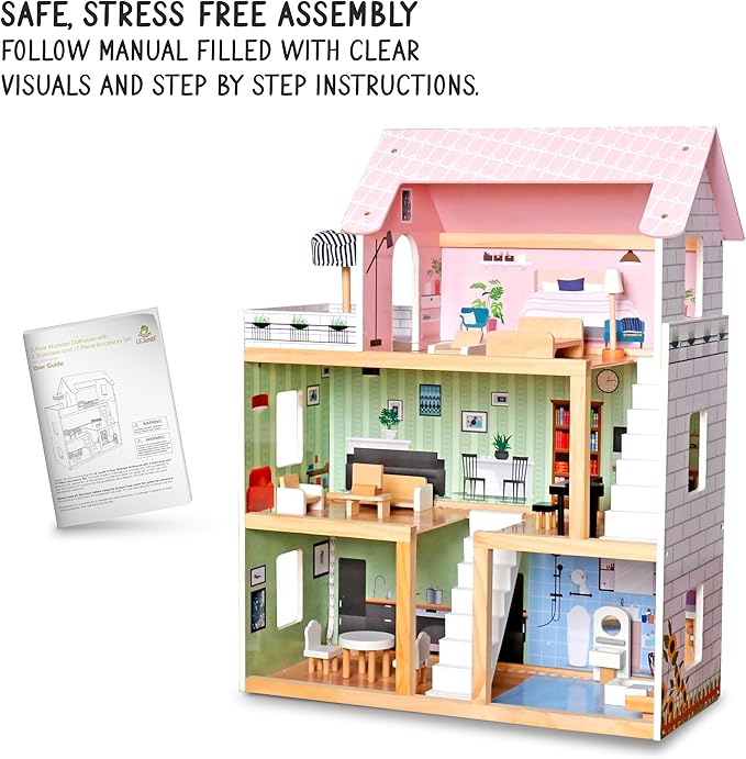 Lil' Jumbl Kids Wooden Dollhouse, 17-Piece Accessories & Furniture are Included, with Balcony & Stairs, 3 Story Easy to Assemble Doll House Toy - Pink