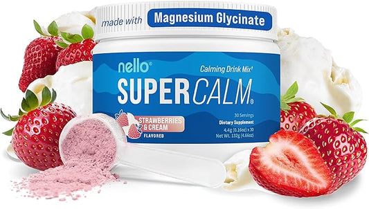 Nello Supercalm Powdered Drink Mix, Strawberries & Cream, L Theanine, Ksm-66 Ashwagandha, Magnesium Glycinate, Vitamin D 3, Supplements for Relaxation & Focus, Natural, No Sugar, Non GMO, 30 Srvgs