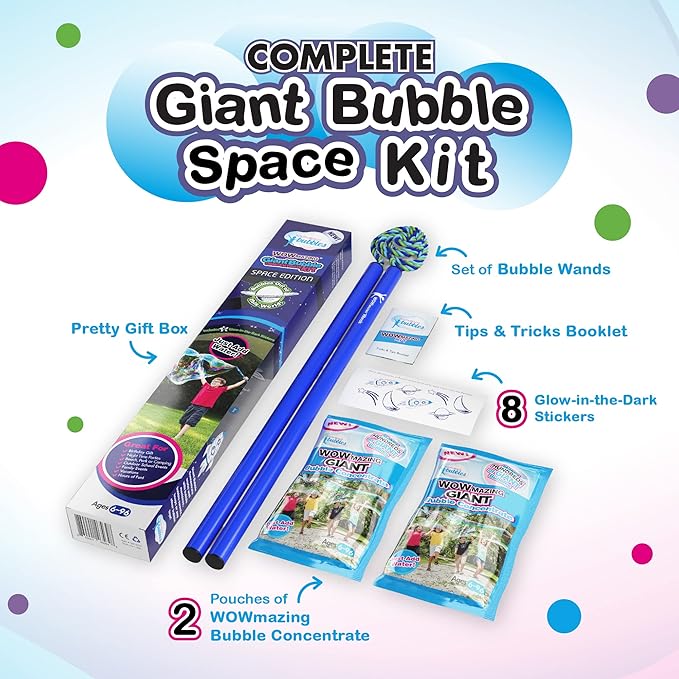 WOWMAZING Giant Bubble Kit: Space - Incl. Wand, 2 Big Bubble Concentrate Pouches and 8 Glow-in-The-Dark Stickers | Outdoor Toy for Kids, Girls | Bubbles Made in The USA - Space Kit